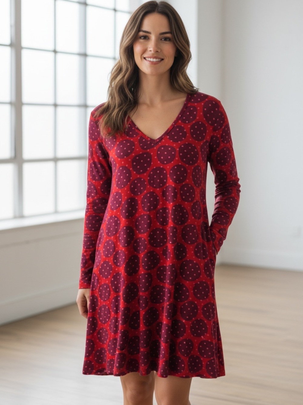 Gudrun Sjoden Red and Burgundy Polka Dots Big Dots V-Neck Tunic Dress Size XL